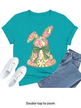 Teal Bunny Graphic Tee with Bow